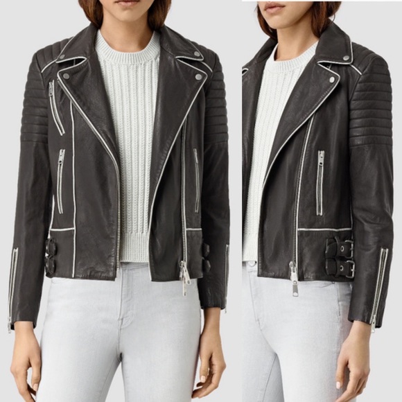 All Saints Bixer Lamb Leather Piped Biker Jacket - Picture 2 of 9